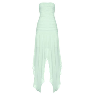 Ruched mesh backless solid tube maxi dress