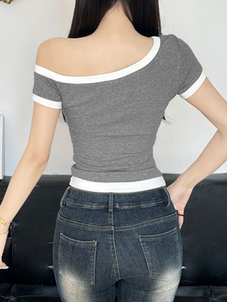 Short sleeve one shoulder embroidery top