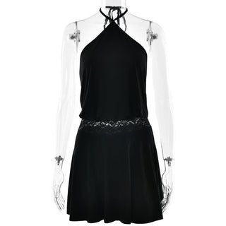 Halter self tie lace patchwork solid mini dress