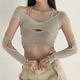 Hollow out long sleeve u neck self tie crop cut out top