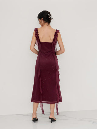 Cowl Neck Solid Glitter Ruffle Hem Maxi Dress