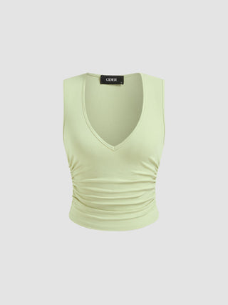 Cotton-blend V-neck Ruched Tank Top