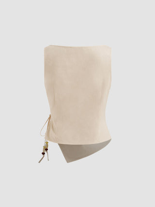 Linen-blend Beaded Knotted Ruched Tank Top