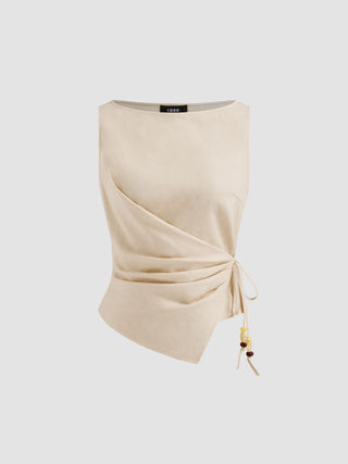 Linen-blend Beaded Knotted Ruched Tank Top