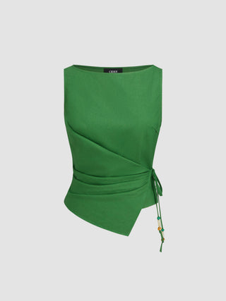 Linen-blend Beaded Knotted Ruched Tank Top