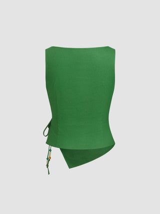 Linen-blend Beaded Knotted Ruched Tank Top