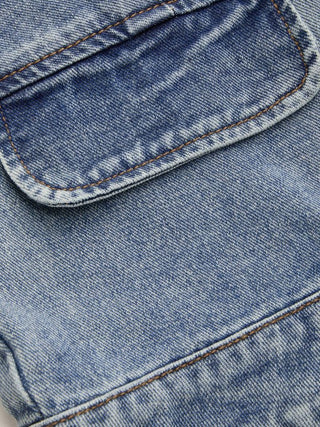 Denim V-neck Button Pocket Wide Leg Jumpsuit