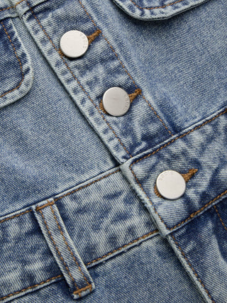 Denim V-neck Button Pocket Wide Leg Jumpsuit