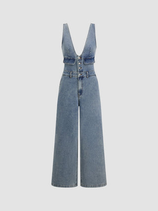 Denim V-neck Button Pocket Wide Leg Jumpsuit