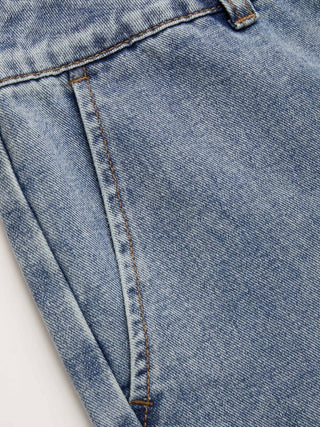 Denim V-neck Button Pocket Wide Leg Jumpsuit