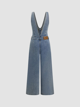 Denim V-neck Button Pocket Wide Leg Jumpsuit