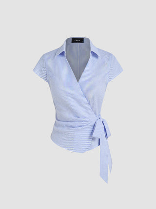 Cotton-blend Polo Neck Stripe Knotted Blouse