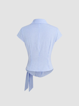 Cotton-blend Polo Neck Stripe Knotted Blouse