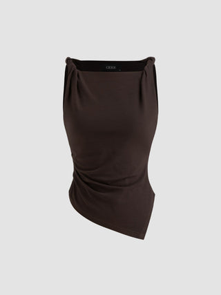 Jersey Boat Neck Asymmetrical Hem Ruched Tank Top For Daily Casual Work