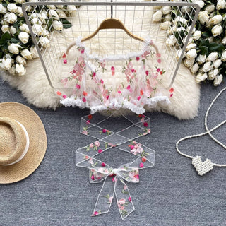 Ruffle puff sleeve embroidery mesh self tie top