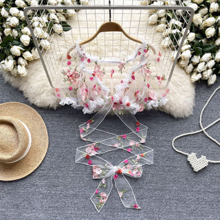 Ruffle puff sleeve embroidery mesh self tie top