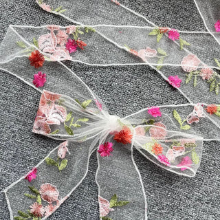 Ruffle puff sleeve embroidery mesh self tie top