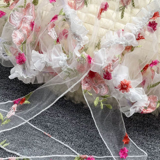 Ruffle puff sleeve embroidery mesh self tie top