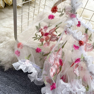 Ruffle puff sleeve embroidery mesh self tie top