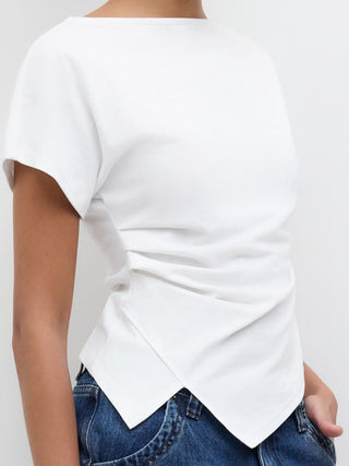 Cotton-blend Boat Neck Ruched Asymmetrical Hem Tee