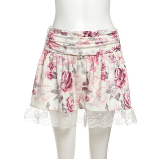 Flower print lace hem mini skirt