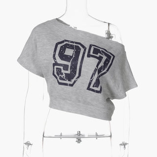 One shoulder "97" print top