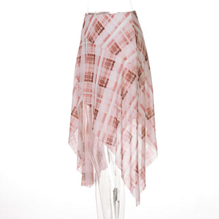 Plaid irregular ruffle midi skirt