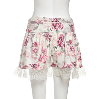 Flower print lace hem mini skirt