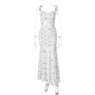 Drawstring slit ruched print cami maxi dress