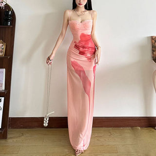 Lace hem mesh print cami maxi dress