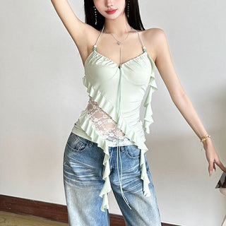 Halter beaded ruffle lace patchwork top