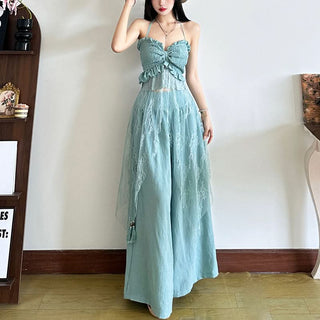 Halter smocked lace patchwork ruffle top