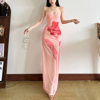 Lace hem mesh print cami maxi dress