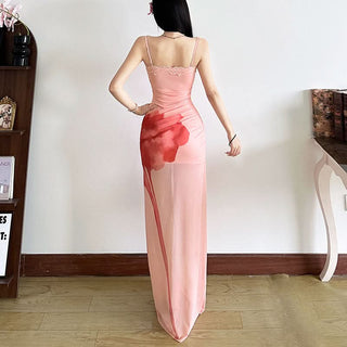 Lace hem mesh print cami maxi dress