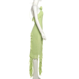 Ruffle flower applique slit halter midi dress