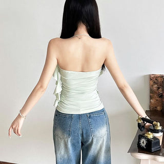 Halter beaded ruffle lace patchwork top