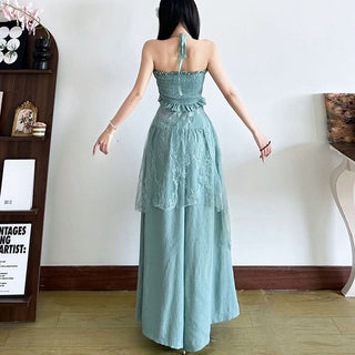 Halter smocked lace patchwork ruffle top