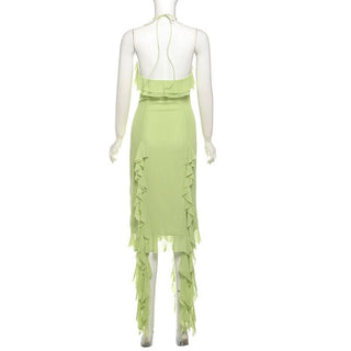 Ruffle flower applique slit halter midi dress