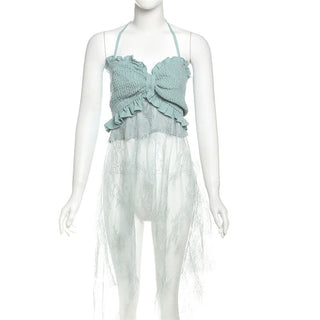 Halter smocked lace patchwork ruffle top