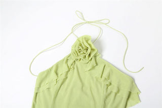 Ruffle flower applique slit halter midi dress