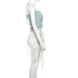 Halter smocked lace patchwork ruffle top