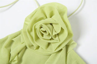 Ruffle flower applique slit halter midi dress