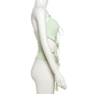 Halter beaded ruffle lace patchwork top