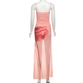 Lace hem mesh print cami maxi dress