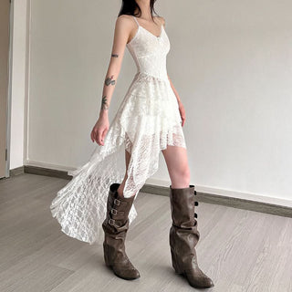 V neck lace bowknot ruffle irregular cami top