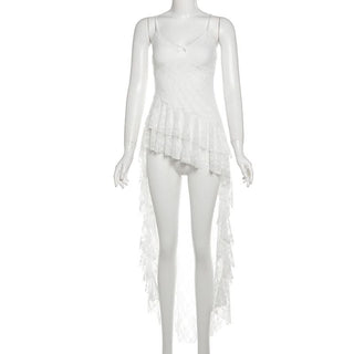 V neck lace bowknot ruffle irregular cami top