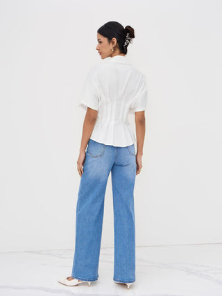 Linen-blend Linen-blend Collar V-neck Pleated Short Sleeve Shirt For Work