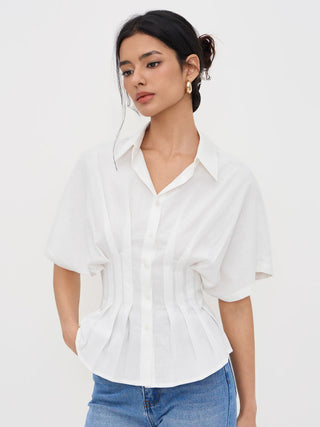 Linen-blend Linen-blend Collar V-neck Pleated Short Sleeve Shirt For Work