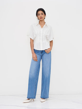 Linen-blend Linen-blend Collar V-neck Pleated Short Sleeve Shirt For Work