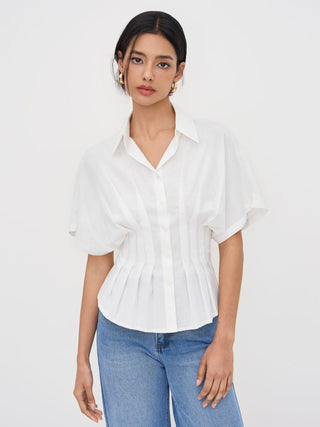 Linen-blend Linen-blend Collar V-neck Pleated Short Sleeve Shirt For Work